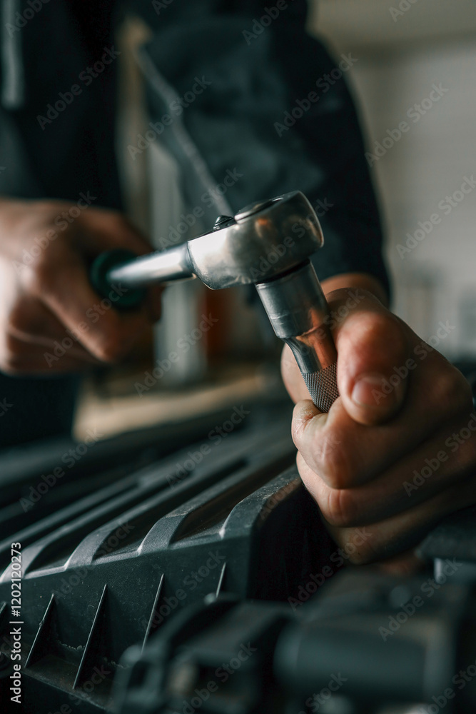 Poster mechanic tightening a bolt on a car engine using a ratchet wrench in a professional workshop setting