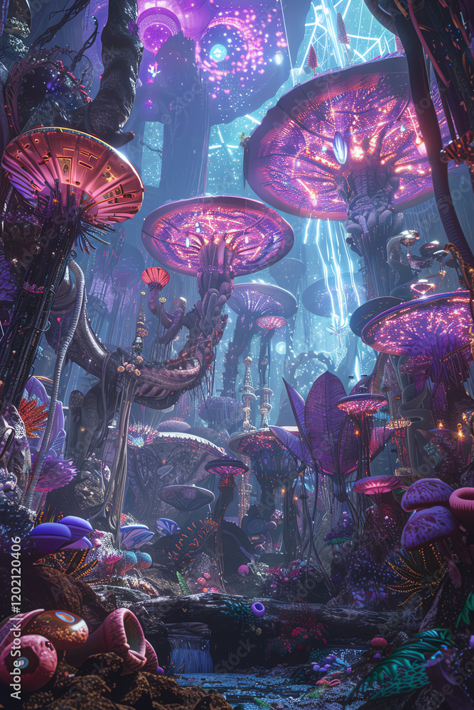 Aufkleber capture a wide-angle view of mystical creatures seamlessly integrated into advanced futuristic techn