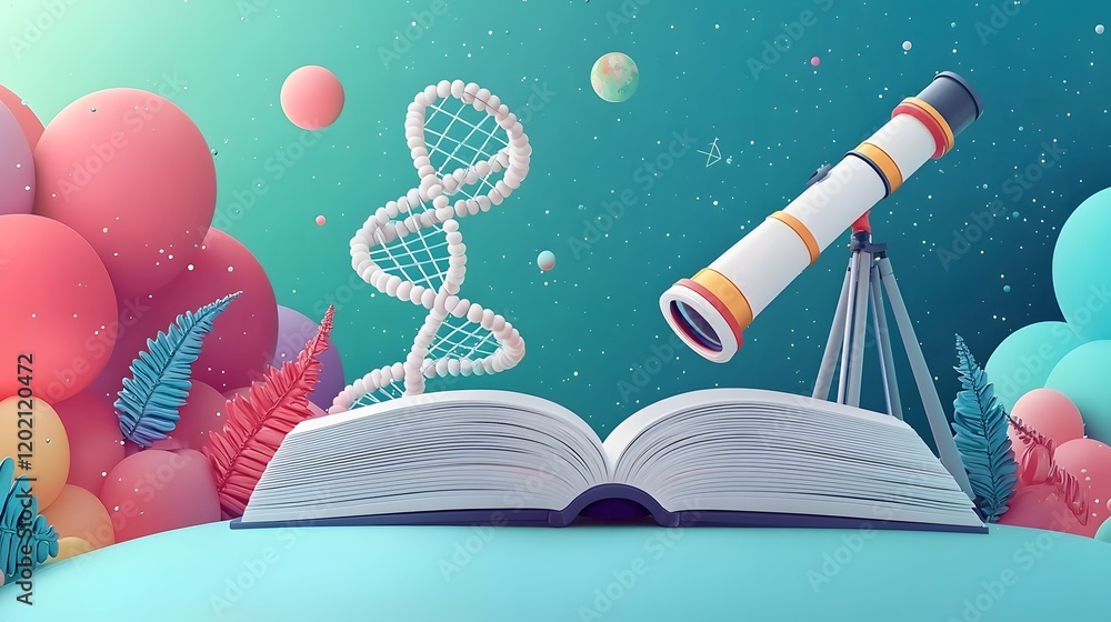 Poster flat showcasing the elements of science education including a telescope dna structure and an open bo