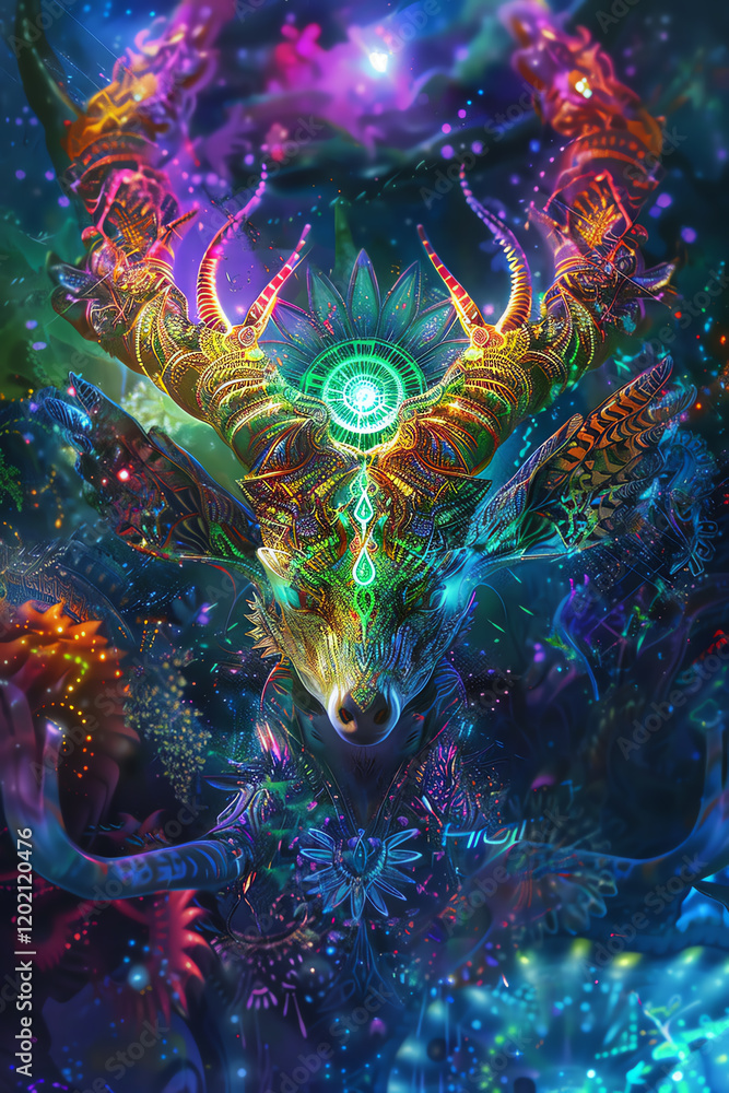 Aufkleber capture a wide-angle view of mystical creatures seamlessly integrated into advanced futuristic techn