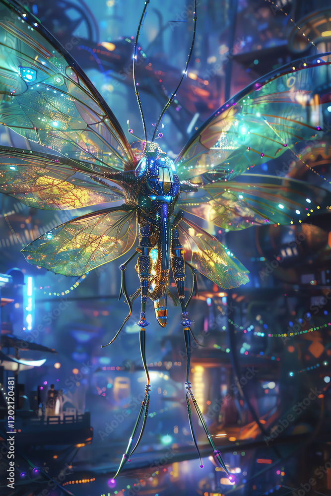 Aufkleber capture a wide-angle view of mystical creatures seamlessly integrated into advanced futuristic techn