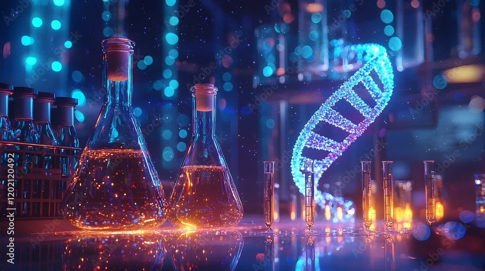Poster Futuristic and Innovative Biotechnology Laboratory Design with Flasks Test Tubes and a Luminous DNA Structure Reflecting Light