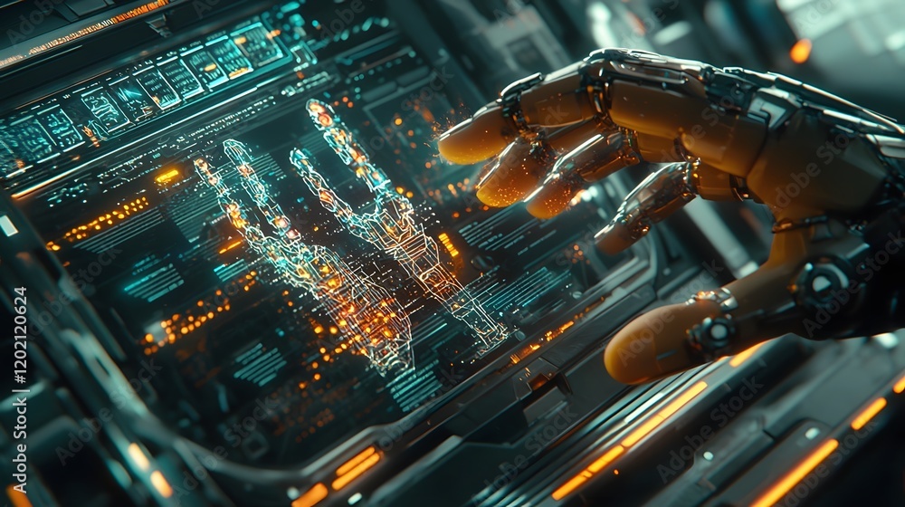 Poster futuristic digital interface showcasing the seamless interaction and between human and robotic hands