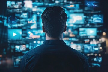 Man in Front of TV Screens