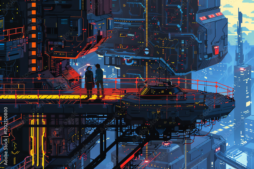 Poster capture a worms-eye view of two lovers amidst futuristic technologies blending holographic displays 