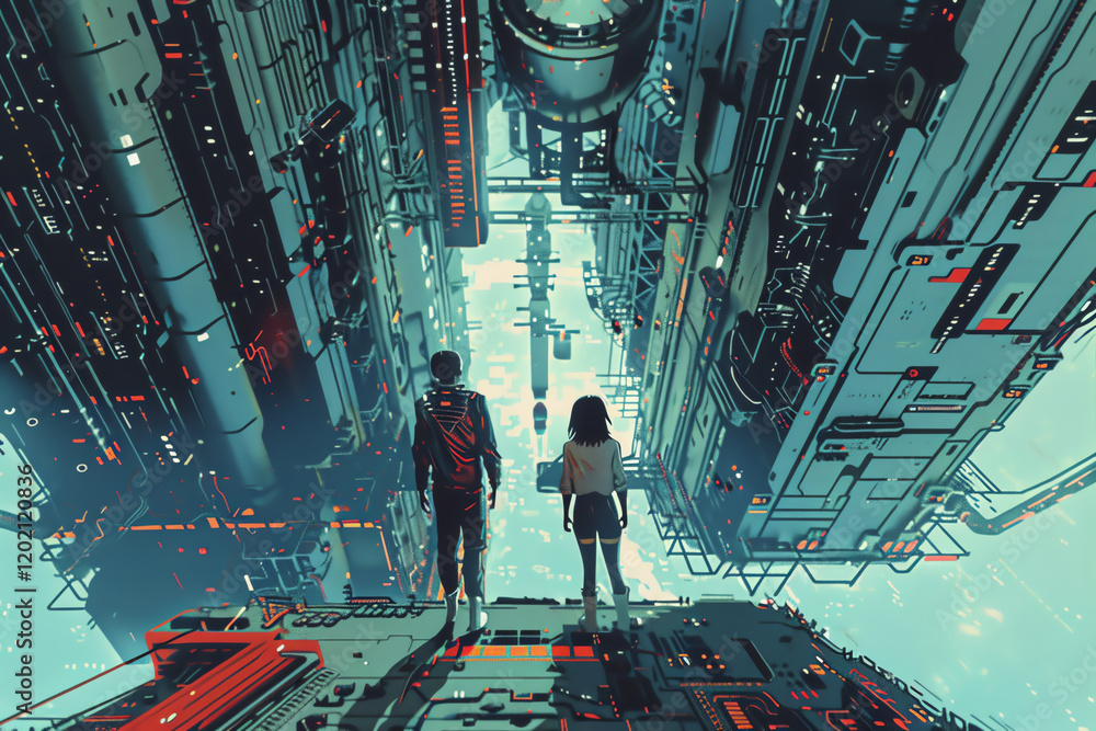Aufkleber capture a worms-eye view of two lovers amidst futuristic technologies blending holographic displays 