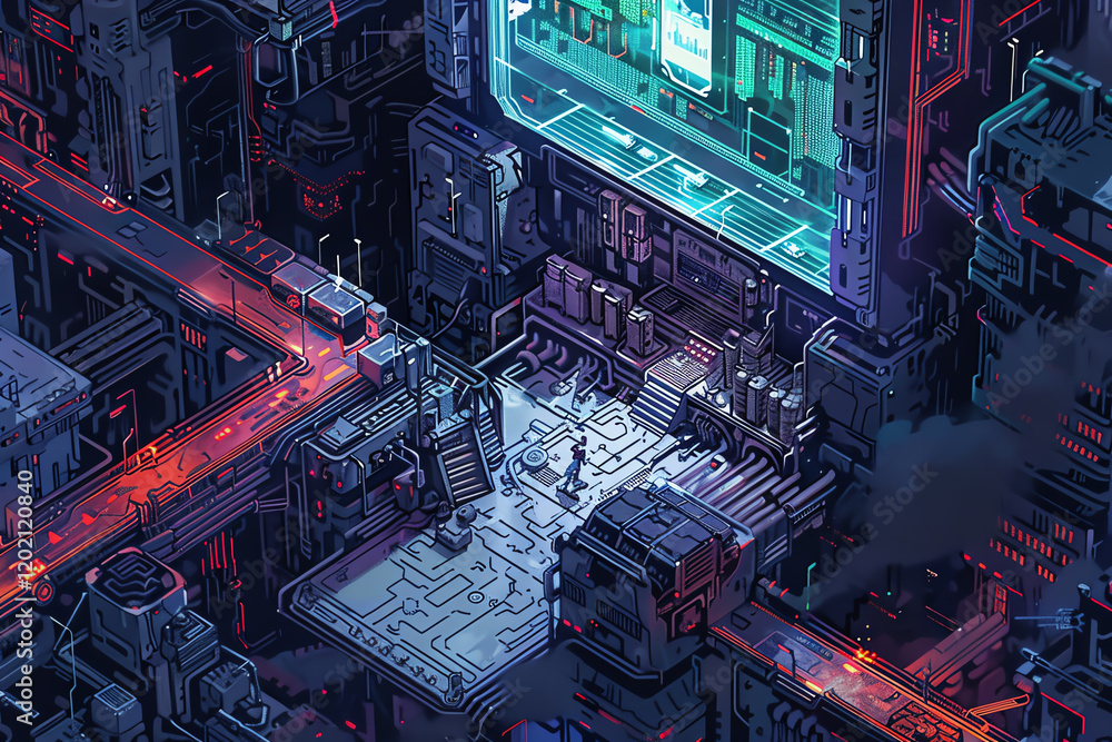 Poster capture a worms-eye view of two lovers amidst futuristic technologies blending holographic displays 