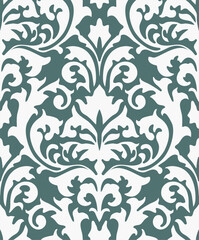 Modern seamless damask design in teal and white with a mix of floral and ornamental artistry.