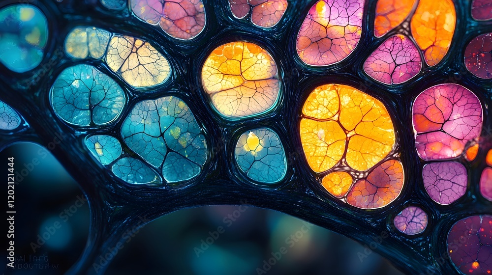 Poster high magnification microscopy image showcasing the intricate structural patterns and vibrant stainin