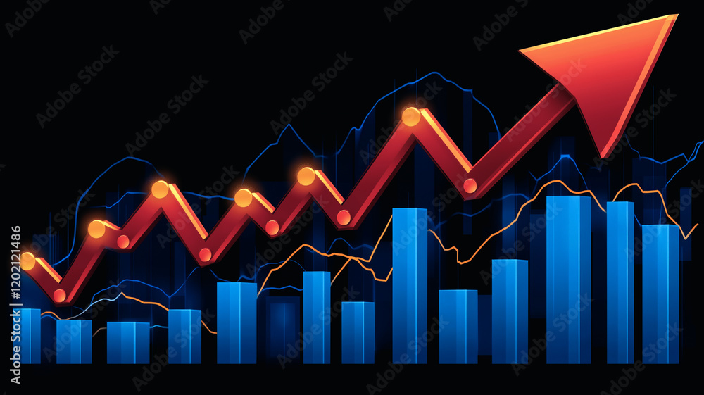 Poster upward trend: a dynamic graph showcases a sharp upward trajectory, symbolized by a vibrant red arrow