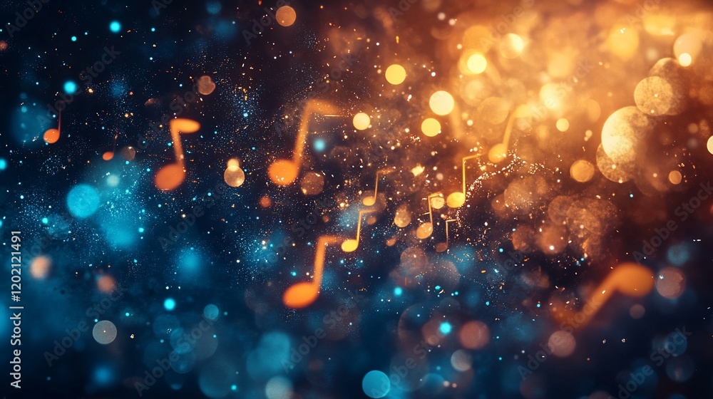 Poster abstract musical notes floating through sparkling bokeh lights with a magical atmosphere