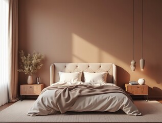 Luxurious bedroom with warm Mocha mousse color scheme 2025 trend Brown walls, light gray bedroom interior. Cement blank background for art