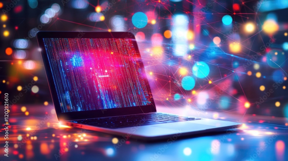 Aufkleber laptop displaying colorful digital data streams at night.