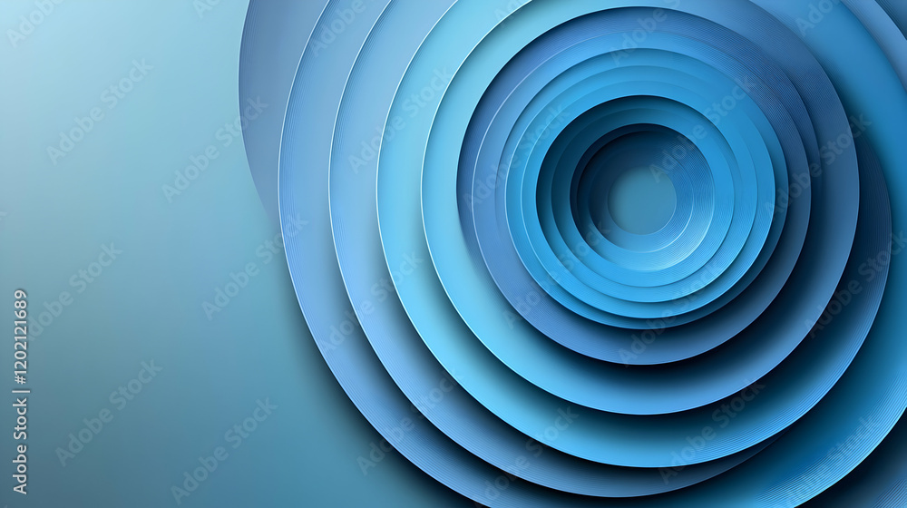Poster clean abstract design with concentric rings in varying shades of blue placed on a smooth gradient ba