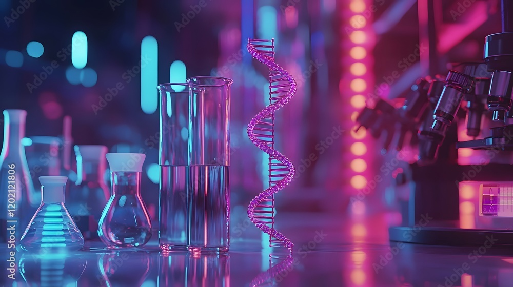 Poster innovative modern science concept featuring a sleek futuristic laboratory setup with various glasswa