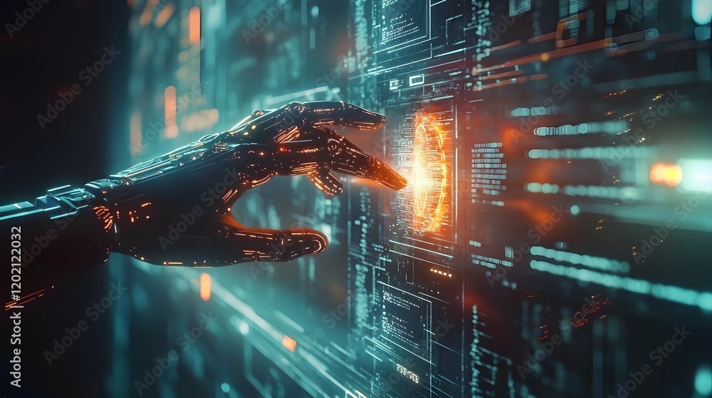 Poster innovative visualization of modern intelligence technology featuring a robotic and human hand reachi