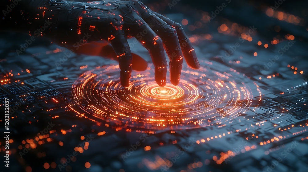Aufkleber intelligence and human interaction in a futuristic digital landscape with glowing central touch poin