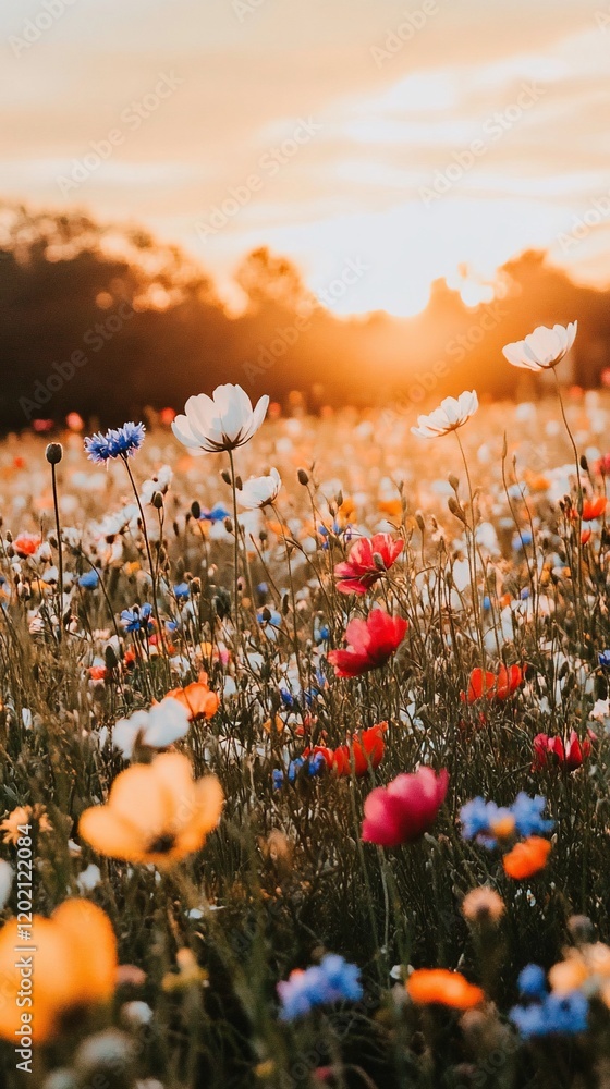 Poster a vibrant field of wildflowers basks in the warm glow of a setting sun creating a serene and colorfu