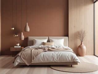 Luxurious bedroom with warm Mocha mousse color scheme 2025 trend Brown walls, light gray bedroom interior. Cement blank background for art