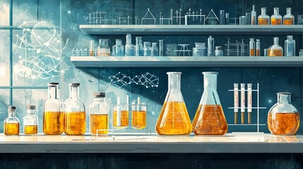 interpretation of a science lab featuring flasks pipettes and DNA patterns with layered textures creating a visually striking and conceptual representation of scientific research and innovation