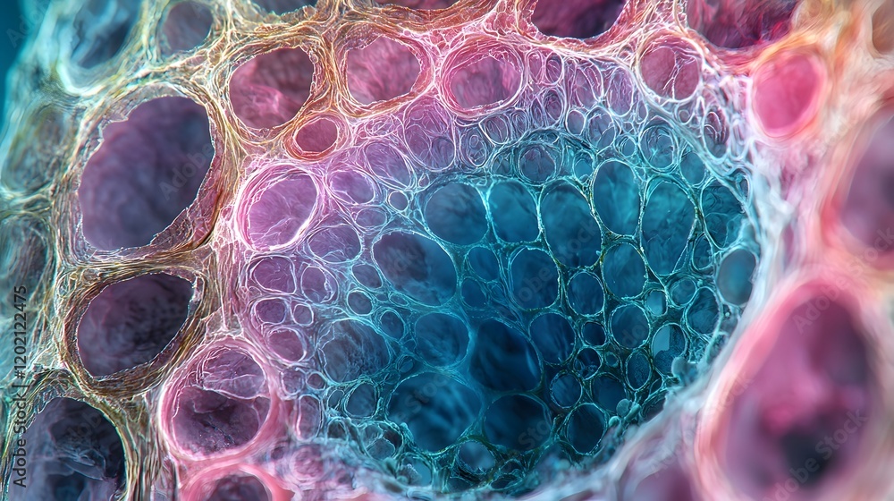 Poster mesmerizing microscopic view showcasing the intricate and vibrant cellular structures within a plant