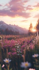 A serene landscape showcasing a vibrant field of flowers at sunset with mountains in the distance