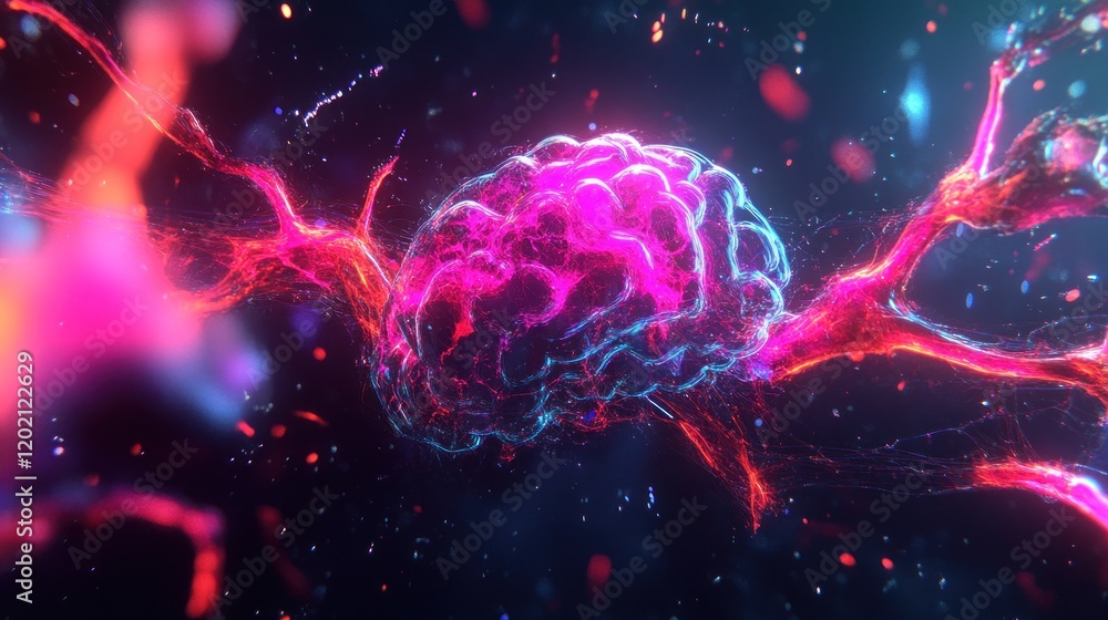 Poster abstract glowing brain with neural connections.