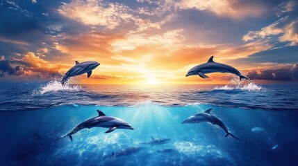 Fototapeta premium Four dolphins leap and swim in ocean sunset.