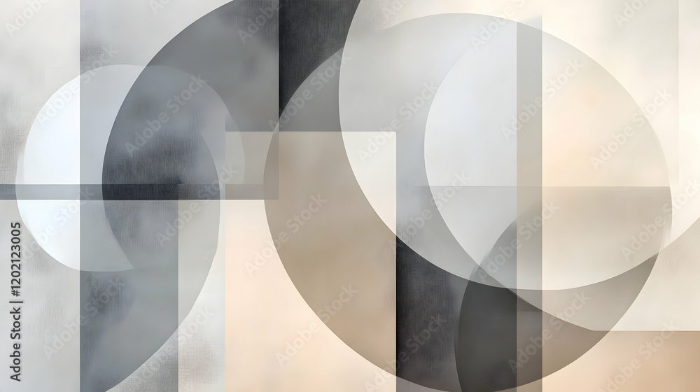 Poster geometric layout with overlapping translucent shapes in muted gray and beige tones, forming a minima