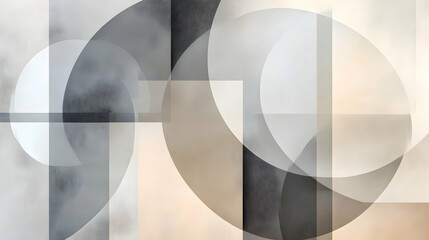 Geometric layout with overlapping translucent shapes in muted gray and beige tones, forming a minimalist and modern abstract design