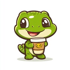 Obraz premium Cute lizard enjoying coffee; white background; for kids' products