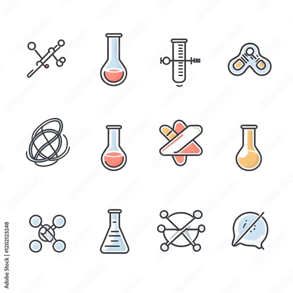 Poster minimalist and modern science icon collection highlighting key concepts in chemistry physics and bio
