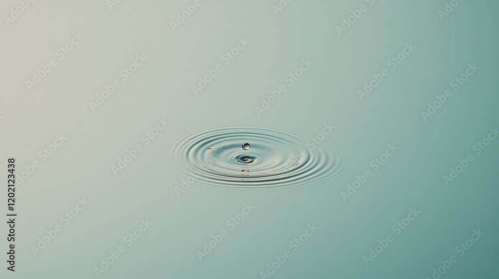 Poster Single drop of water creating expanding concentric ripples on a calm, light teal surface, enhancing the serene atmosphere with a subtle gradient background and a sense of tranquility