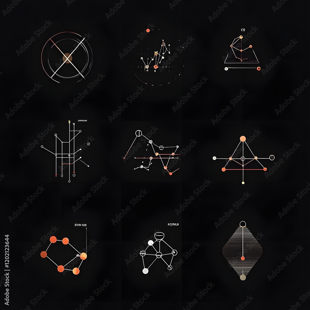 Poster minimalist icon set featuring essential scientific equipment molecular structures and data visualiza