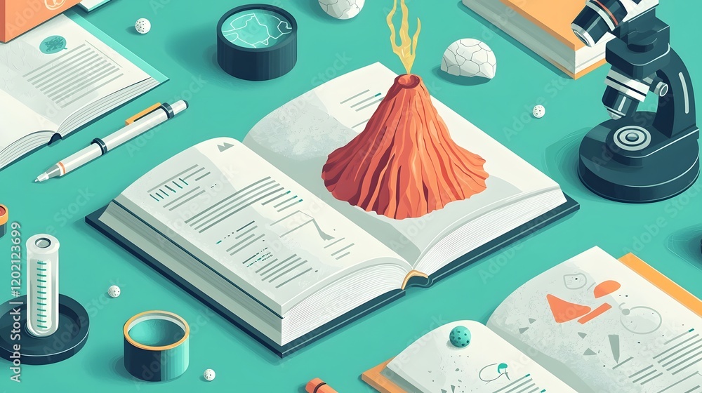 Poster minimalist science education graphic featuring a volcano model microscope and open book with magnify