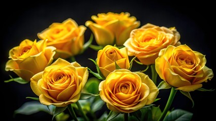 Fototapeta premium Close-up macro reveals vibrant yellow roses, their miniature scale emphasized by tilt-shift and black background.