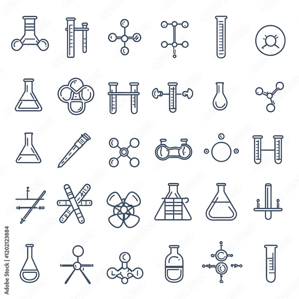 Aufkleber minimalist set of 50 clean line art icons featuring laboratory equipment molecular structures and sc