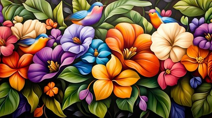 Vibrant Mural with Flowing Vines and Colorful Birds