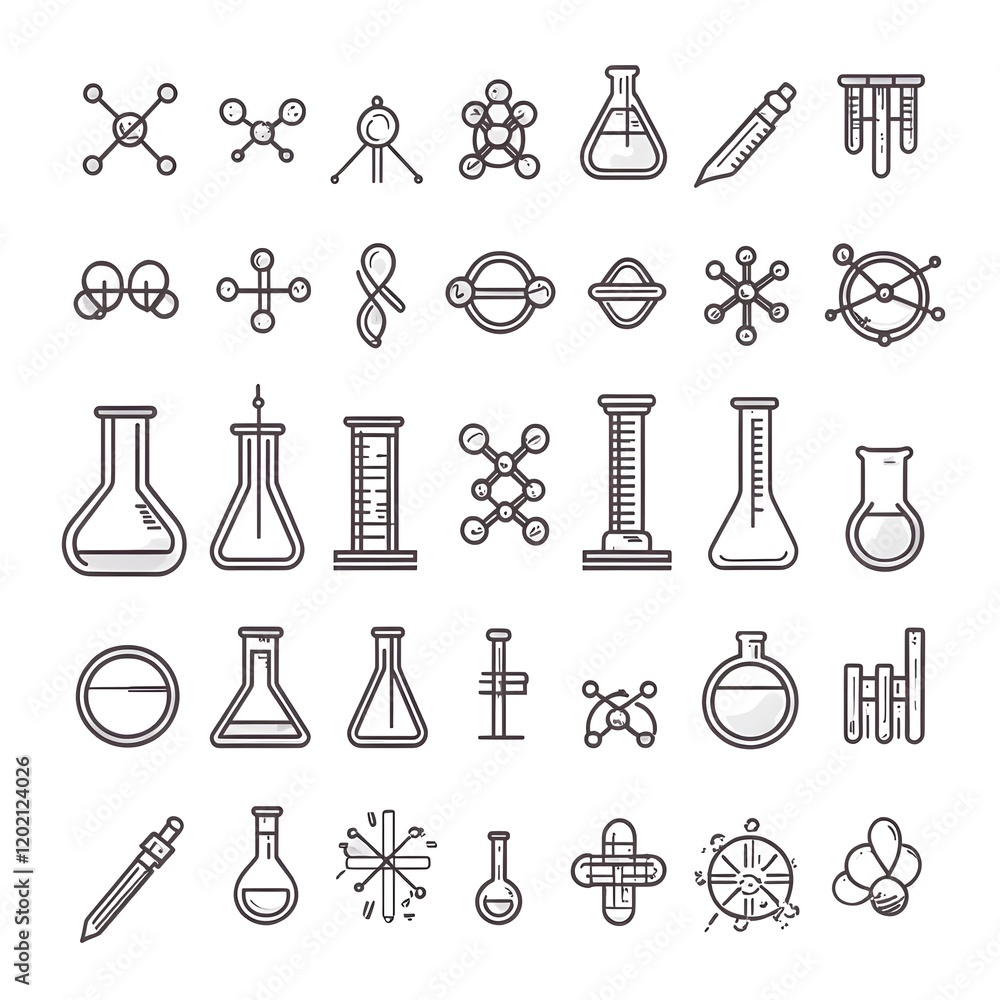 Poster minimalistic set of 50 science icons featuring lab equipment molecular structures and scientific too