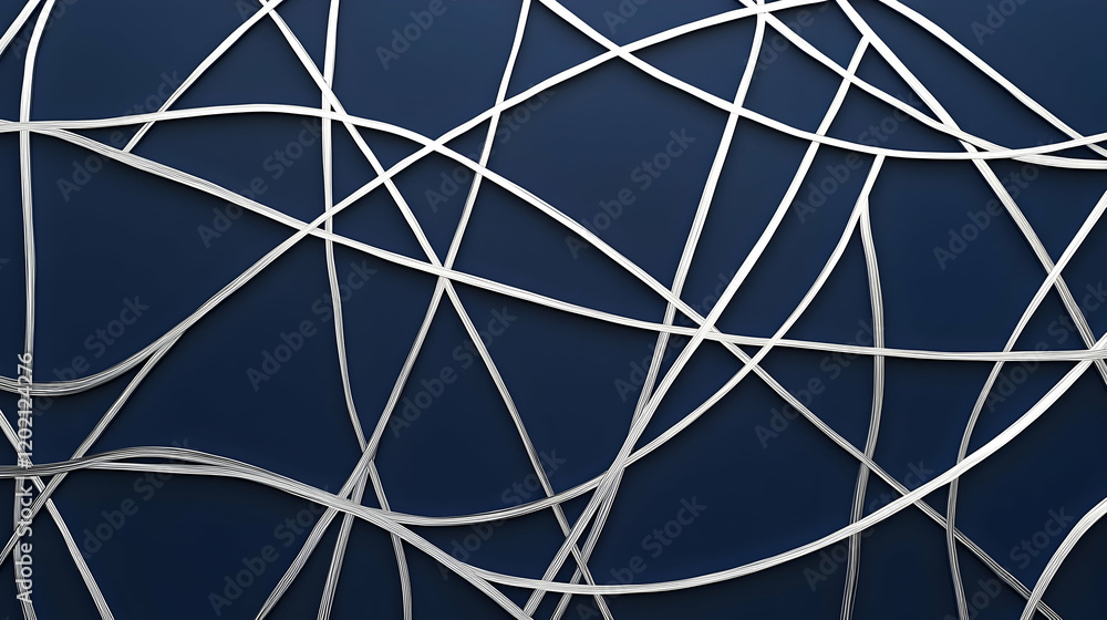 Poster minimalist abstract design with thin intersecting silver lines on a gradient navy blue background, m