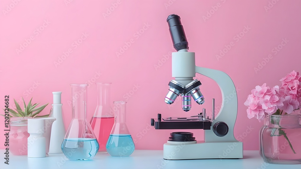 Poster pastel pink laboratory setup with colorful flasks and microscope a clean modern