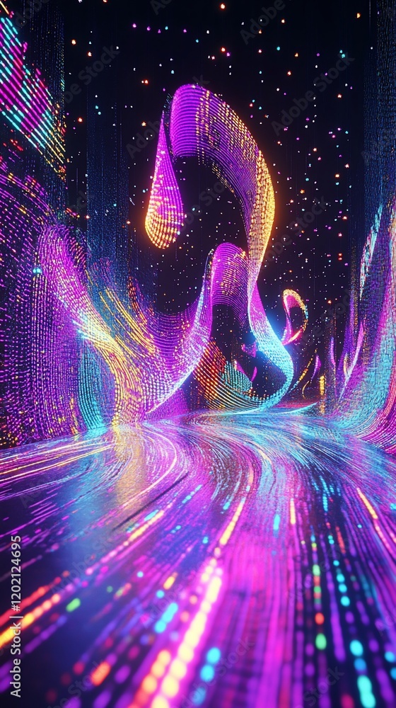 Poster abstract glowing digital waves in purple and blue creating a dynamic background