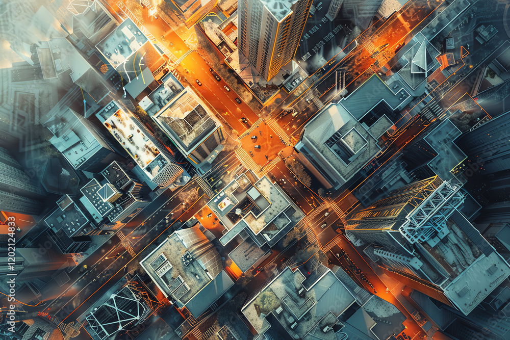 Poster capture the intricate details of an urban landscape from above, in a mesmerizing mix of geometric sh