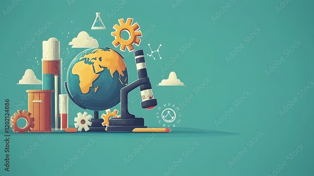 Poster playful science themed flat featuring a variety of educational tools and instruments including a glo