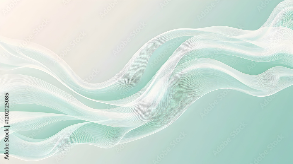 Poster minimalist wave design in soft mint and white, flowing seamlessly across a clean gradient background