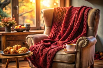 Cozy autumn scene: maroon blanket and sweater accentuate vibrant food photography in a sunlit interior.