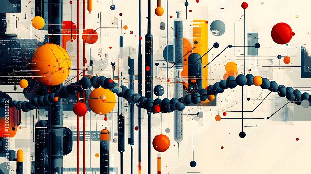 Poster retro modern science depicting abstract depictions of laboratory processes and dna sequences stylize