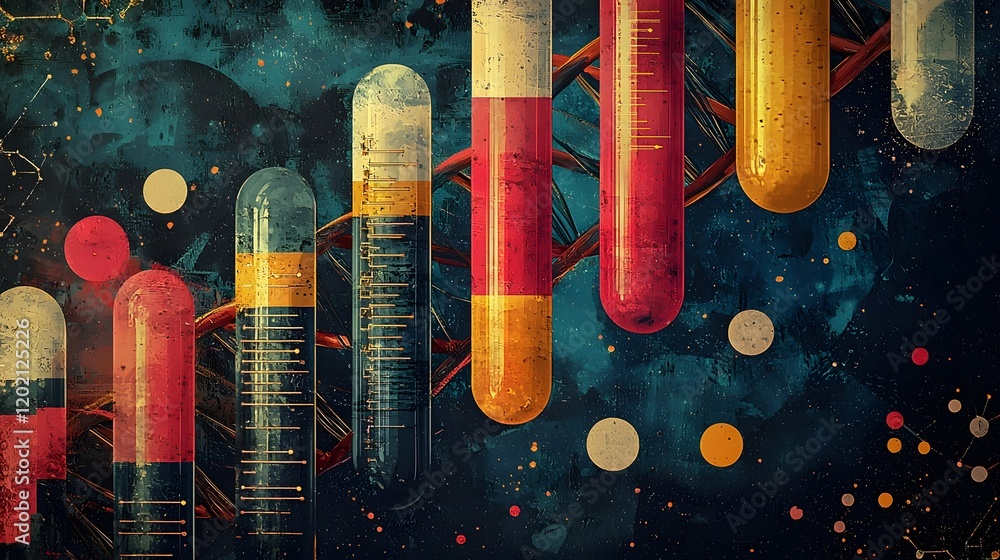 Aufkleber retro modern dynamic science featuring abstract shapes test tubes and dna sequences conceptual artwo