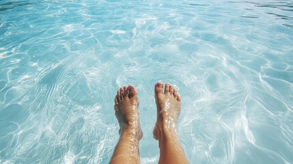 Woman's feet in a refreshing blue pool.