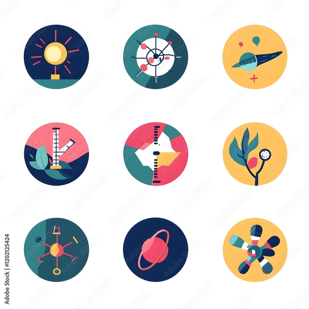 Poster simple flat design science icons for visual communication of complex scientific ideas in an easy to 